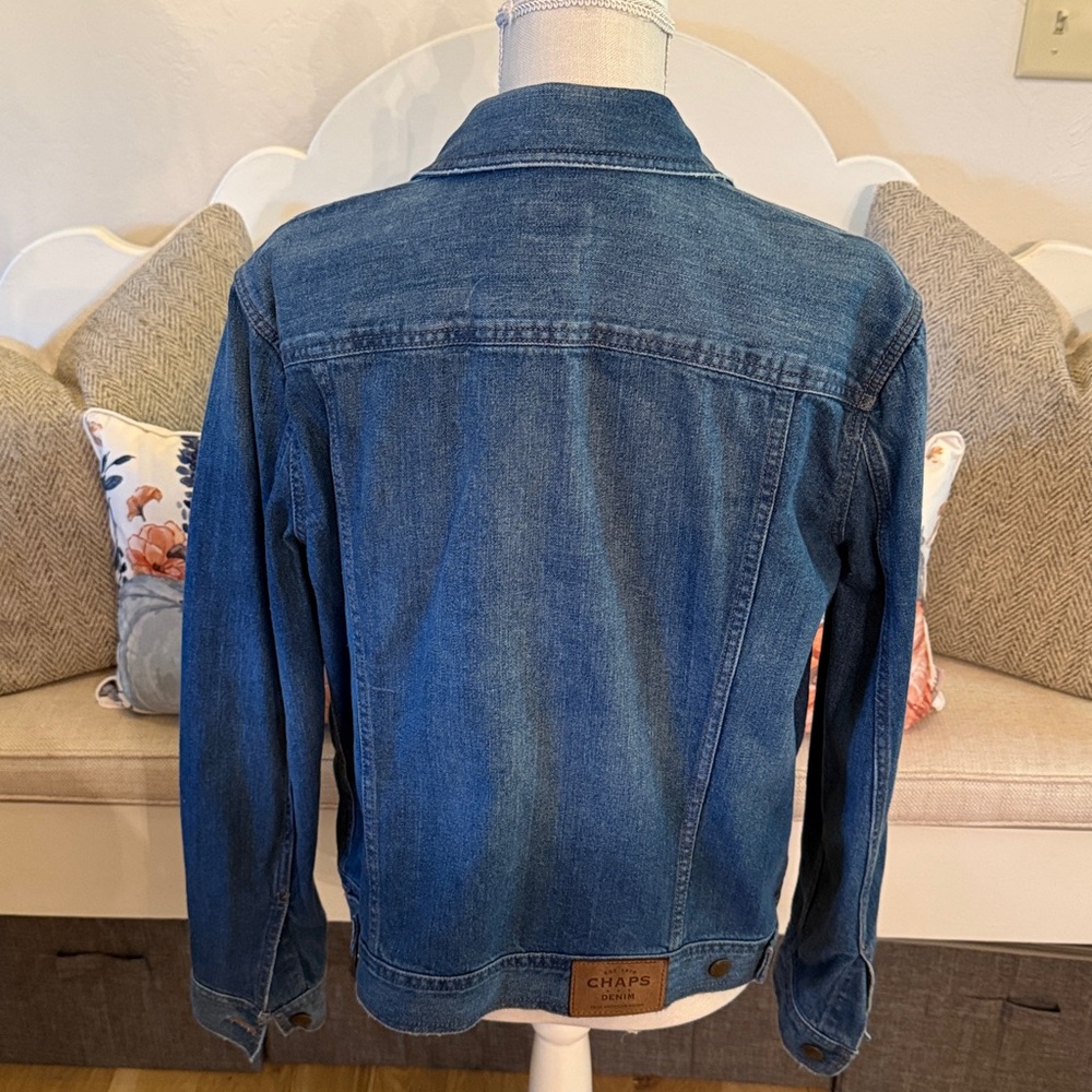 Vintage Chaps Blue Denim Jacket With Brown Patch - image 3
